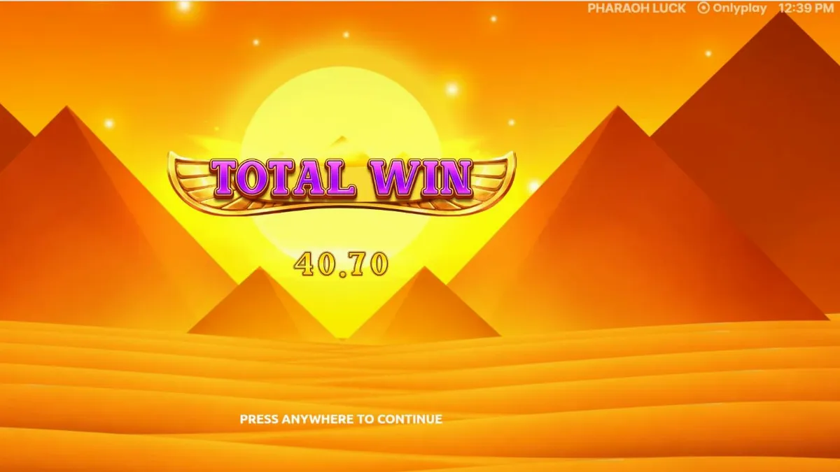 หน้าจอเกมสล็อต Pharaoh Luck ที่มีธีมอียิปต์โบราณและสัญลักษณ์ต่างๆ